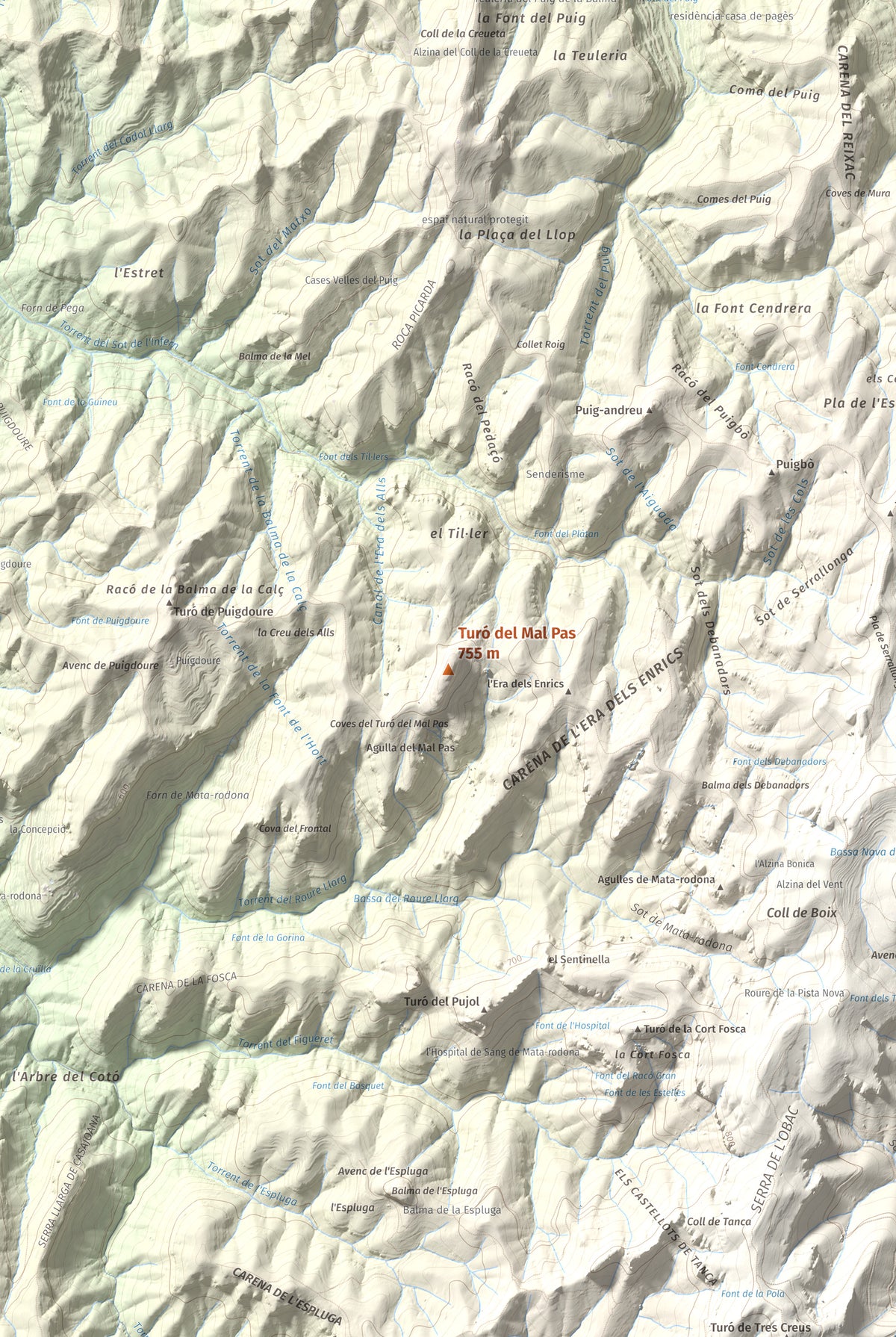Mapa de relieve de Turó del Mal Pas, 755 m, Bages, lámina 100 Cims de Trobart. Detalle de la zona central. 61 × 91 cm.