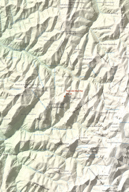 Mapa de relieve de Turó del Mal Pas, 755 m, Bages, lámina 100 Cims de Trobart. Detalle de la zona central. 61 × 91 cm.