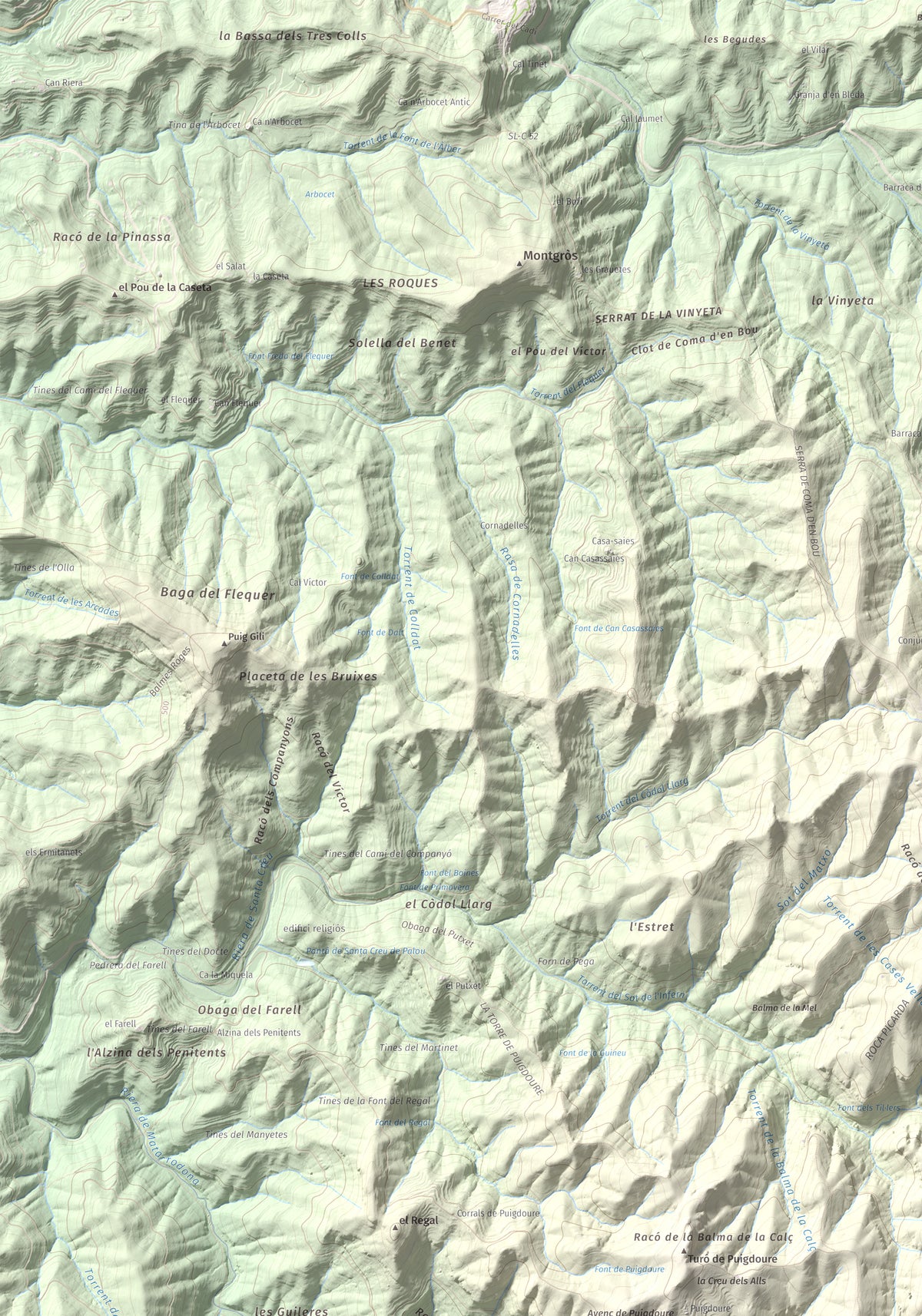 Mapa de relieve de Turó del Mal Pas, 755 m, Bages, lámina 100 Cims de Trobart. Detalle de la zona superior izquierda. 70 × 100 cm.