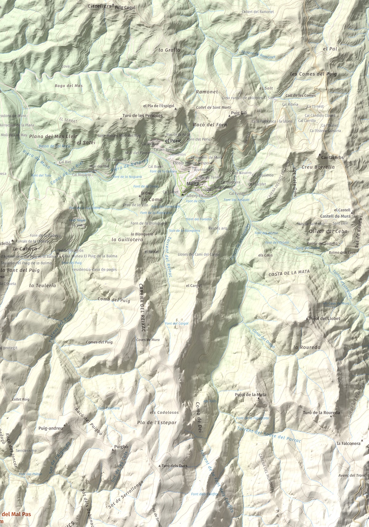 Mapa de relieve de Turó del Mal Pas, 755 m, Bages, lámina 100 Cims de Trobart. Detalle de la zona superior derecha. 70 × 100 cm.