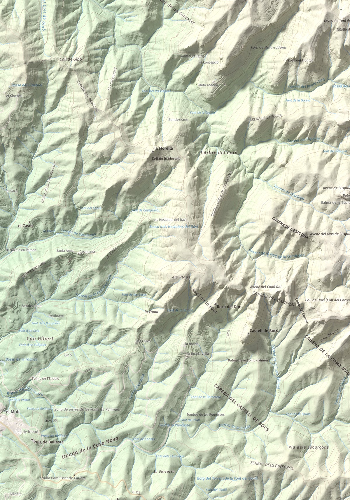 Mapa de relieve de Turó del Mal Pas, 755 m, Bages, lámina 100 Cims de Trobart. Detalle de la zona inferior izquierda. 70 × 100 cm.