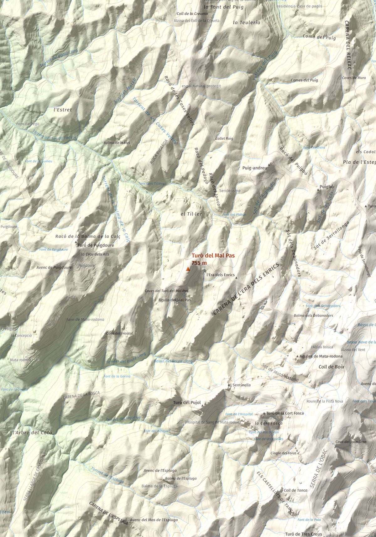 Mapa de relieve de Turó del Mal Pas, 755 m, Bages, lámina 100 Cims de Trobart. Detalle de la zona central. 70 × 100 cm.