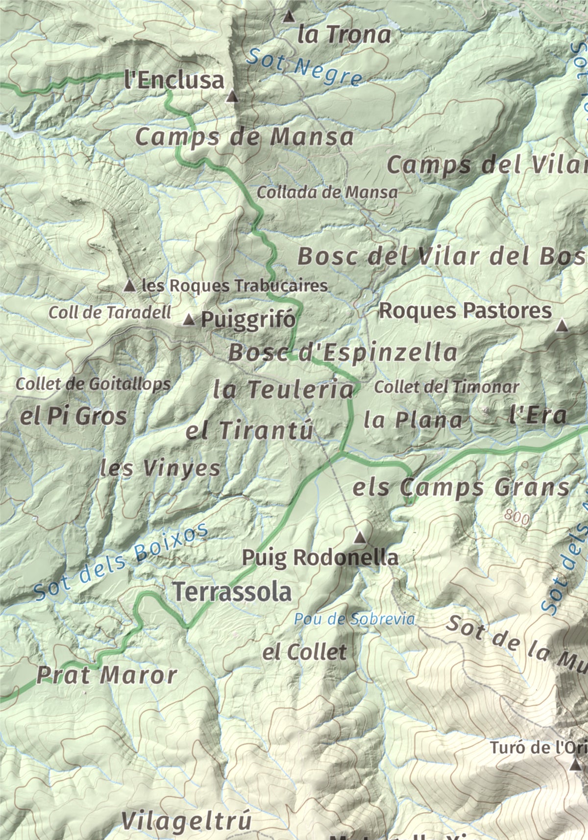 Mapa de relieve de Turó del Pou d'en Sala, 1265 m, Osona, lámina 100 Cims de Trobart. Detalle de la zona superior izquierda. 21 × 30 cm.