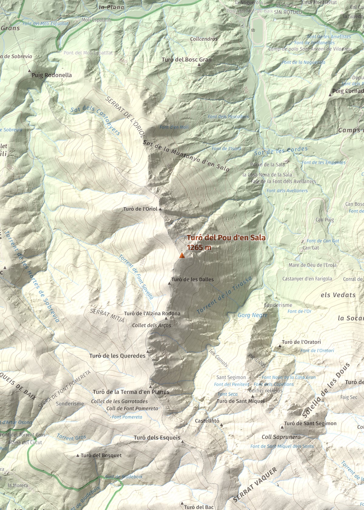 Mapa de relieve de Turó del Pou d'en Sala, 1265 m, Osona, lámina 100 Cims de Trobart. Detalle de la zona central. 50 × 70 cm.