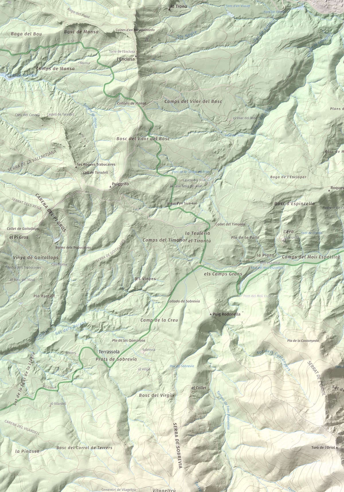 Mapa de relieve de Turó del Pou d'en Sala, 1265 m, Osona, lámina 100 Cims de Trobart. Detalle de la zona superior izquierda. 70 × 100 cm.
