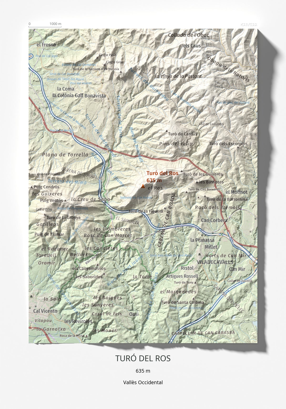 Mapa topográfico del relieve: Turó del Ros, 635 m. Lámina completa. 21 × 30 cm.