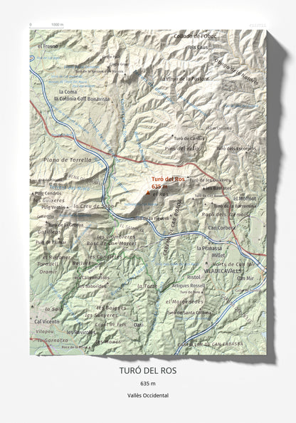 Mapa topográfico del relieve: Turó del Ros, 635 m. Lámina completa. 21 × 30 cm.