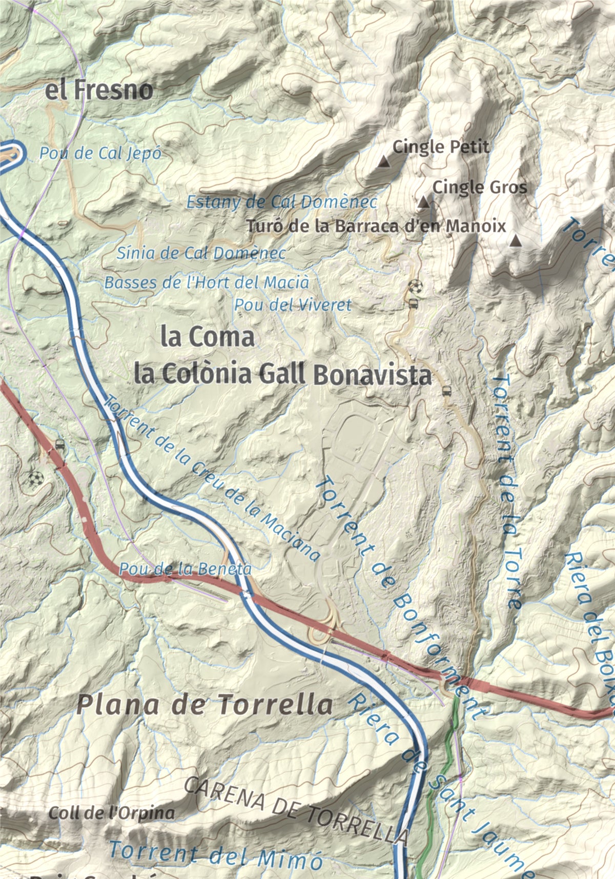 Mapa topográfico del relieve: Turó del Ros, 635 m. Detalle de la zona superior izquierda. 21 × 30 cm.