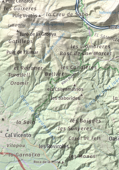 Mapa topográfico del relieve: Turó del Ros, 635 m. Detalle de la zona inferior izquierda. 21 × 30 cm.