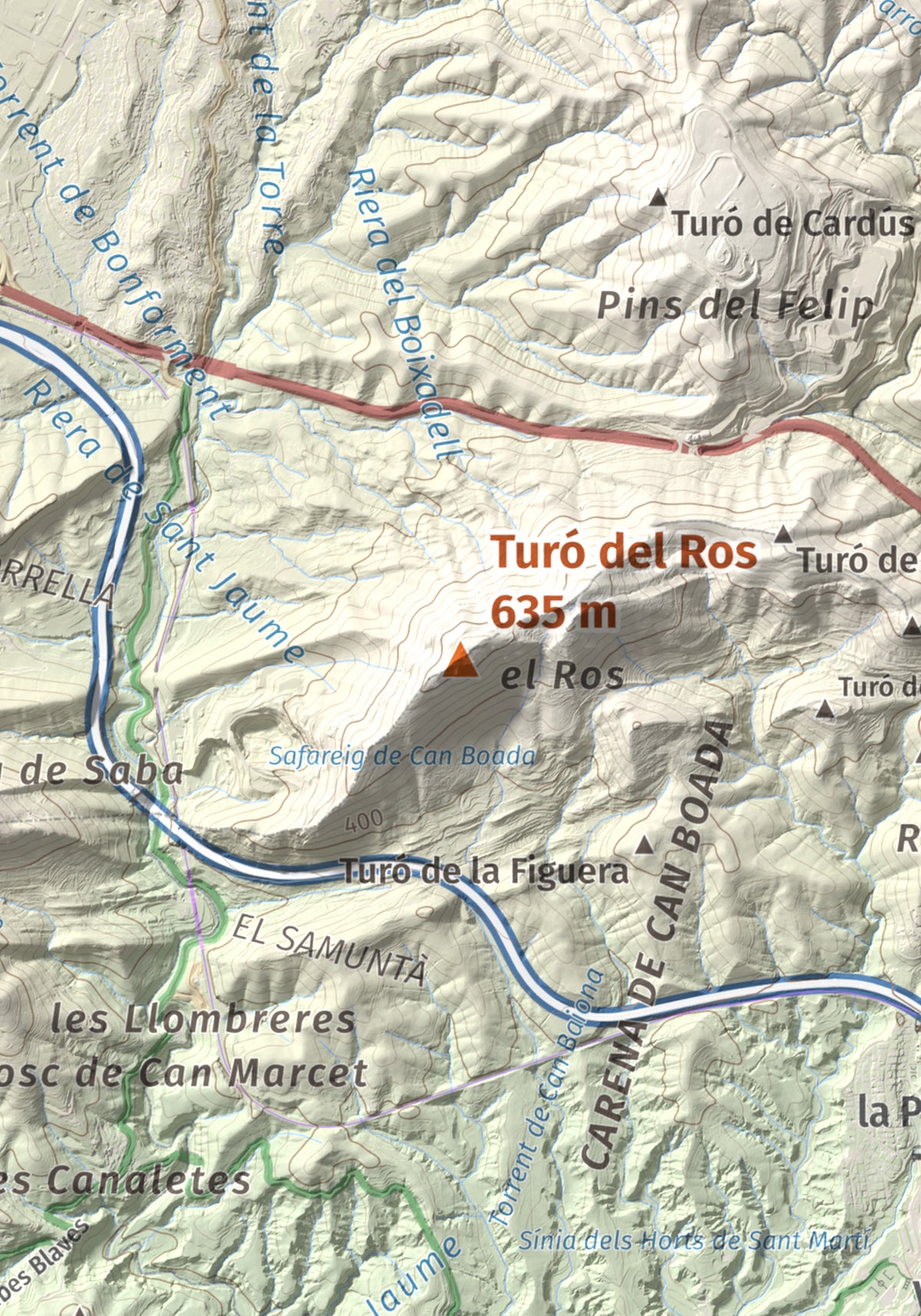 Mapa topográfico del relieve: Turó del Ros, 635 m. Detalle de la zona central. 21 × 30 cm.