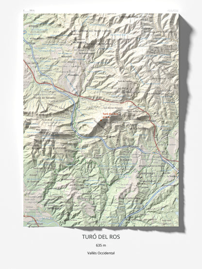 Mapa topográfico del relieve: Turó del Ros, 635 m. Lámina completa. 30 × 40 cm.