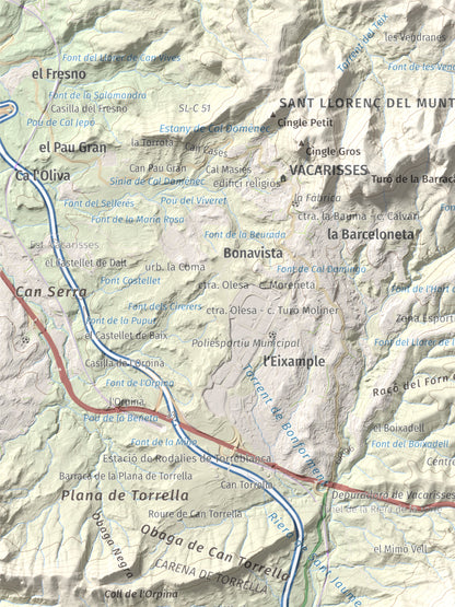 Mapa topográfico del relieve: Turó del Ros, 635 m. Detalle de la zona superior izquierda. 30 × 40 cm.