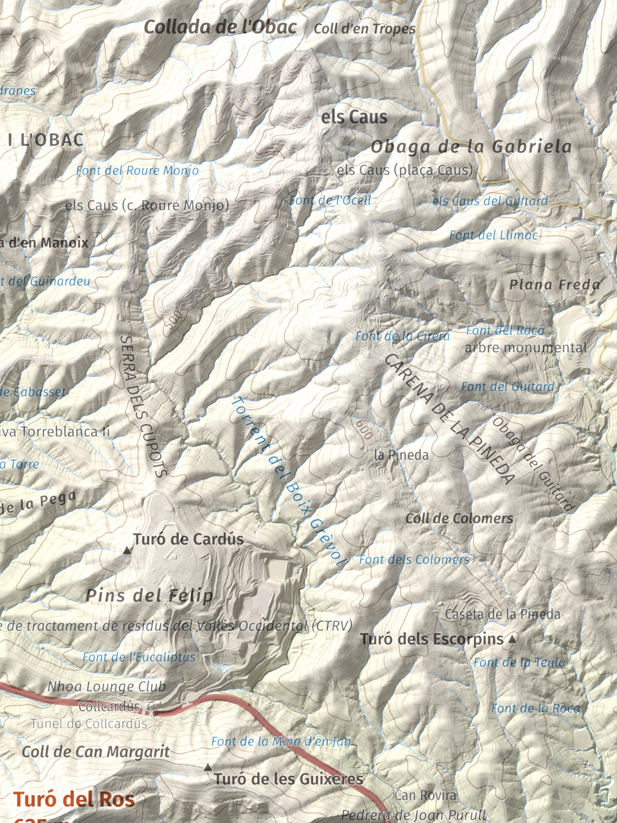 Mapa topográfico del relieve: Turó del Ros, 635 m. Detalle de la zona superior derecha. 30 × 40 cm.