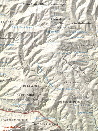 Mapa topográfico del relieve: Turó del Ros, 635 m. Detalle de la zona superior derecha. 30 × 40 cm.