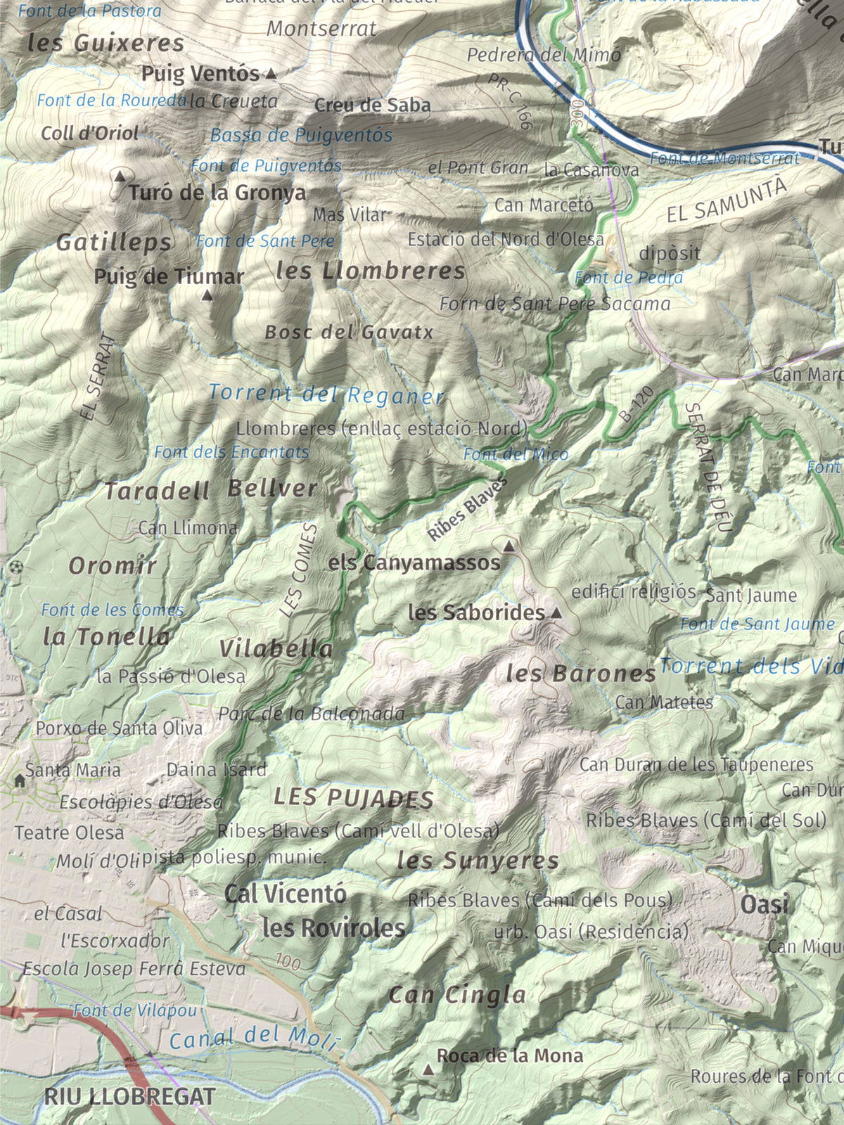 Mapa topográfico del relieve: Turó del Ros, 635 m. Detalle de la zona inferior izquierda. 30 × 40 cm.