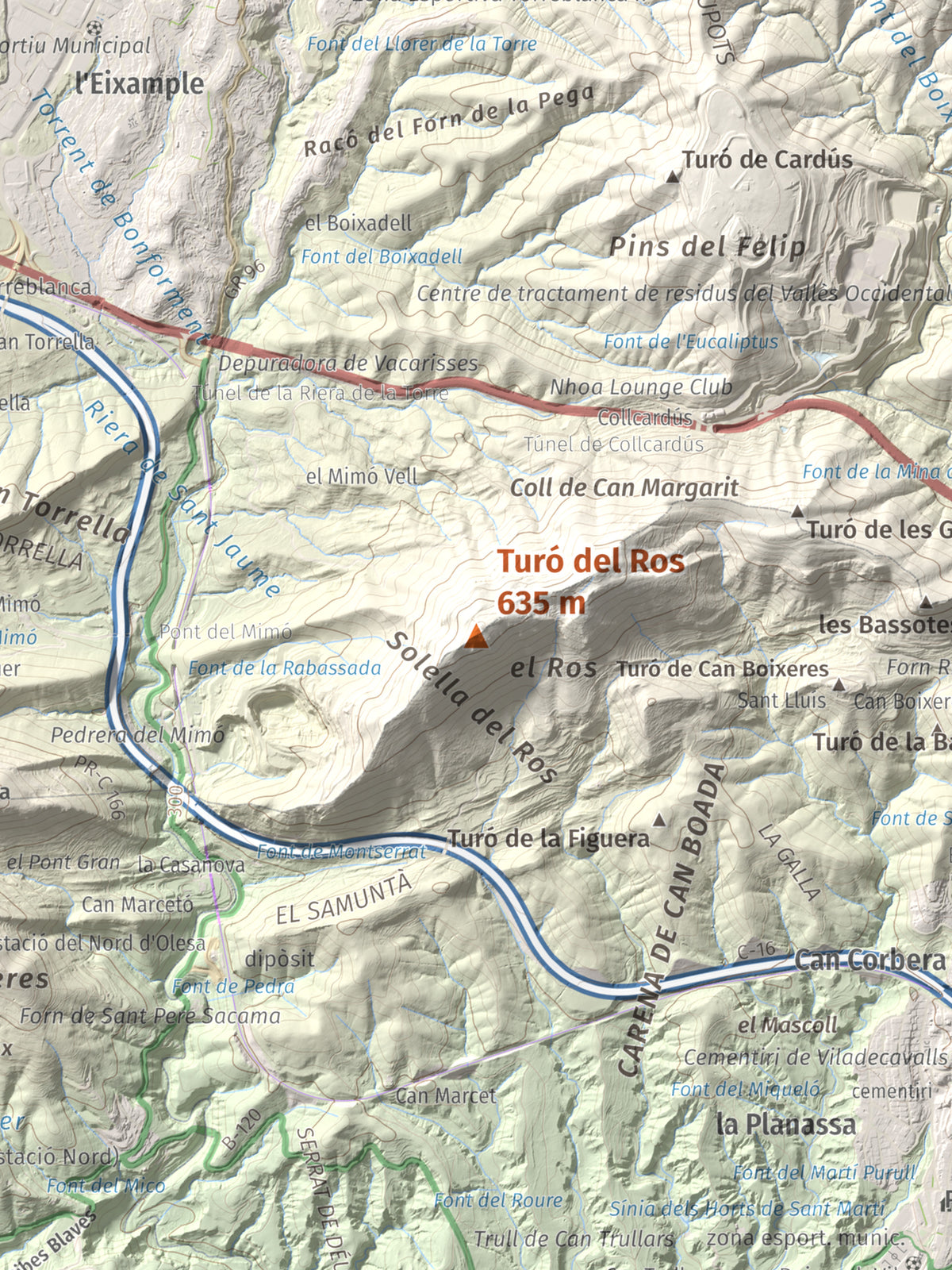 Mapa topográfico del relieve: Turó del Ros, 635 m. Detalle de la zona central. 30 × 40 cm.