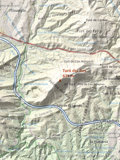 Mapa topográfico del relieve: Turó del Ros, 635 m. Detalle de la zona central. 30 × 40 cm.