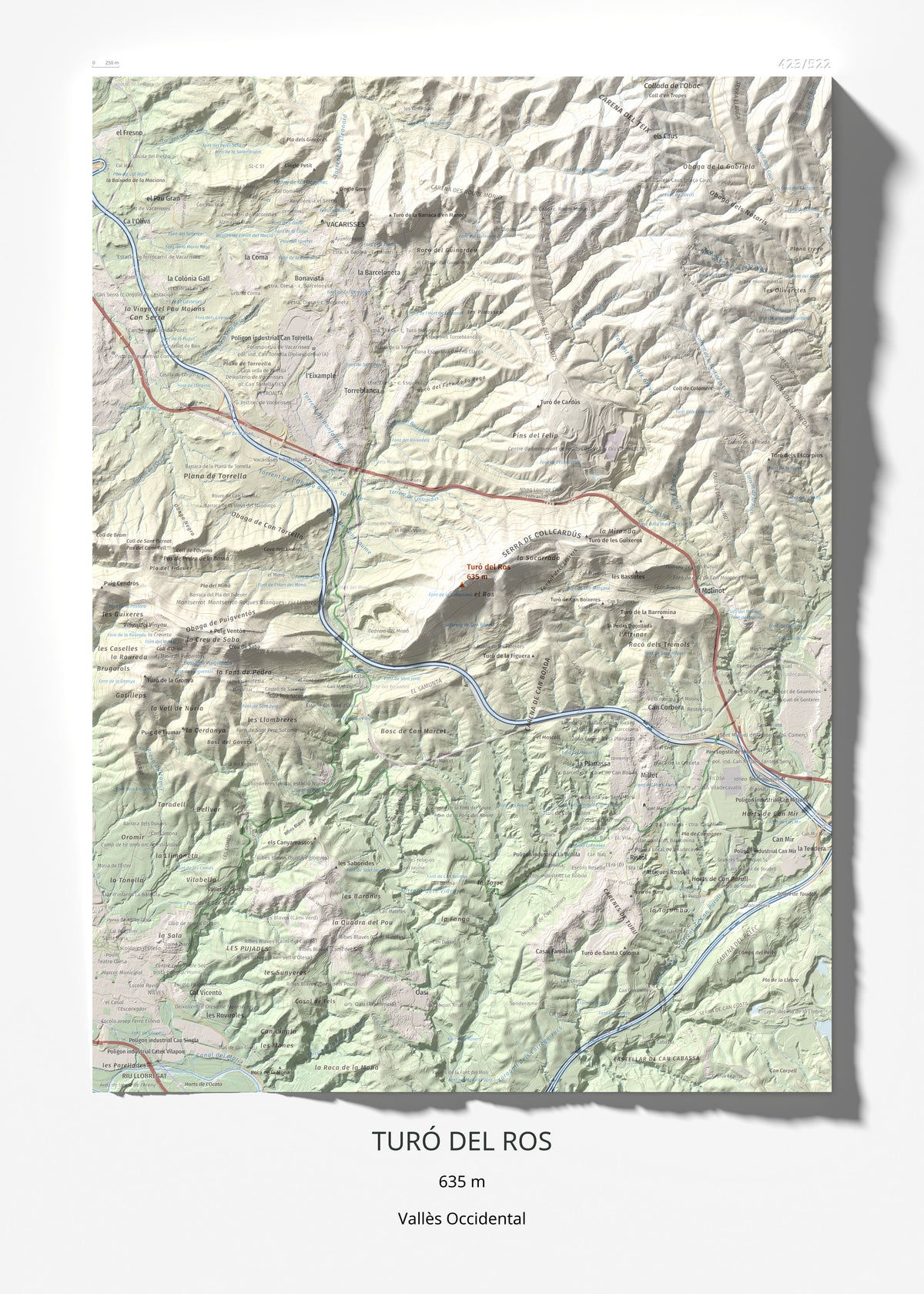 Mapa topográfico del relieve: Turó del Ros, 635 m. Lámina completa. 50 × 70 cm.