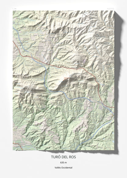 Mapa topográfico del relieve: Turó del Ros, 635 m. Lámina completa. 50 × 70 cm.