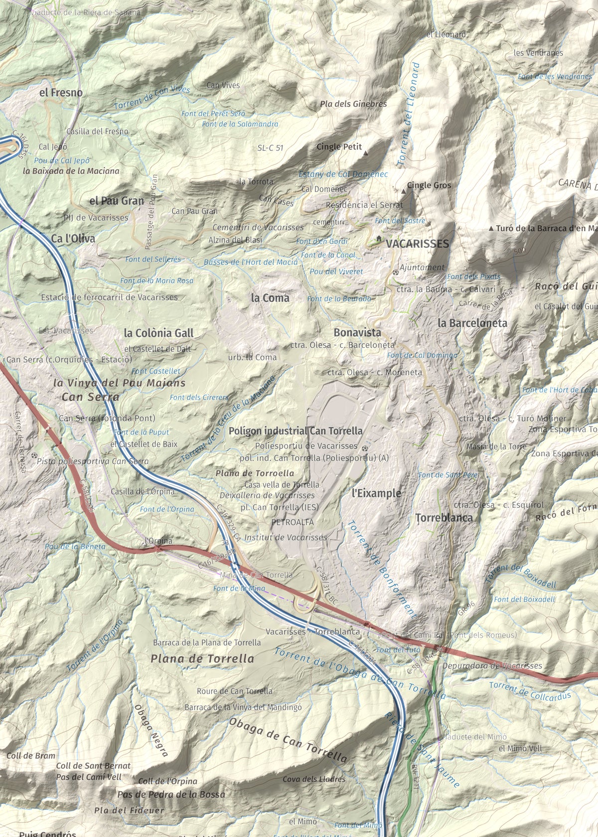 Mapa topográfico del relieve: Turó del Ros, 635 m. Detalle de la zona superior izquierda. 50 × 70 cm.