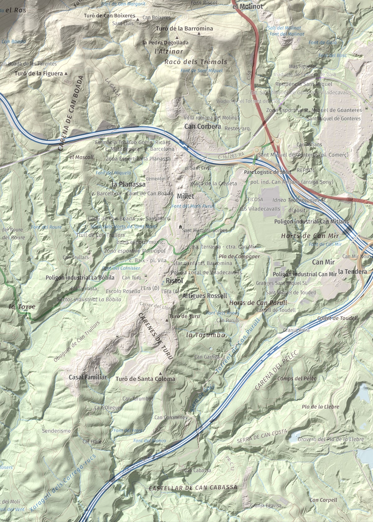 Mapa topográfico del relieve: Turó del Ros, 635 m. Detalle de la zona inferior derecha. 50 × 70 cm.