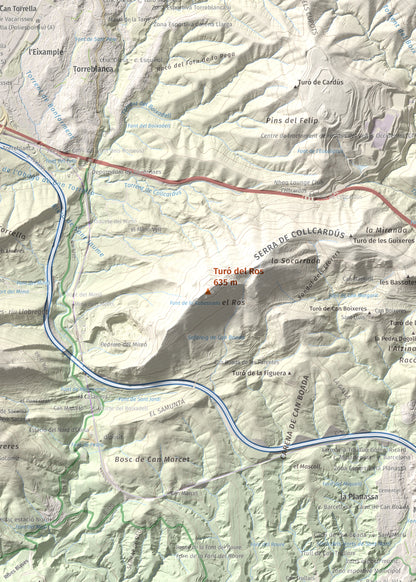 Mapa topográfico del relieve: Turó del Ros, 635 m. Detalle de la zona central. 50 × 70 cm.