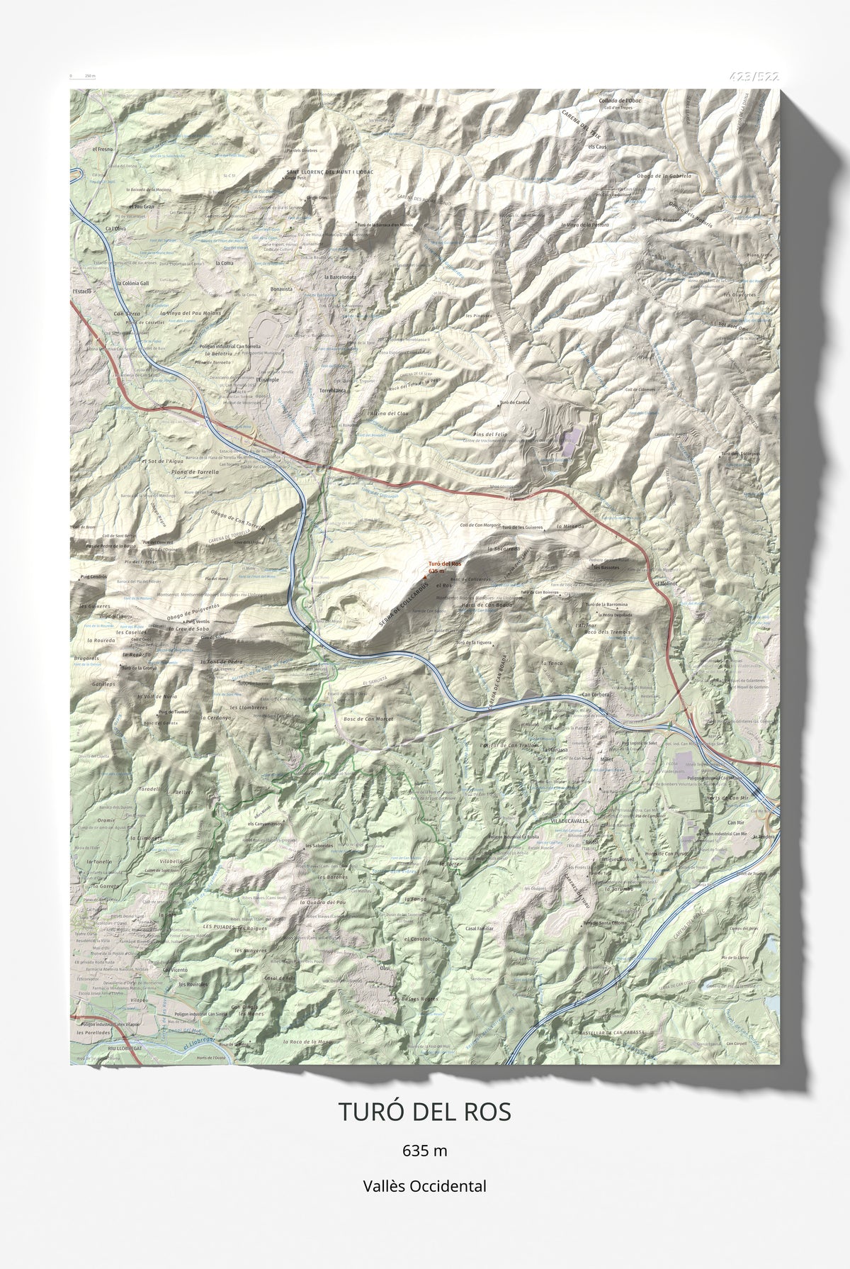 Mapa topográfico del relieve: Turó del Ros, 635 m. Lámina completa. 61 × 91 cm.