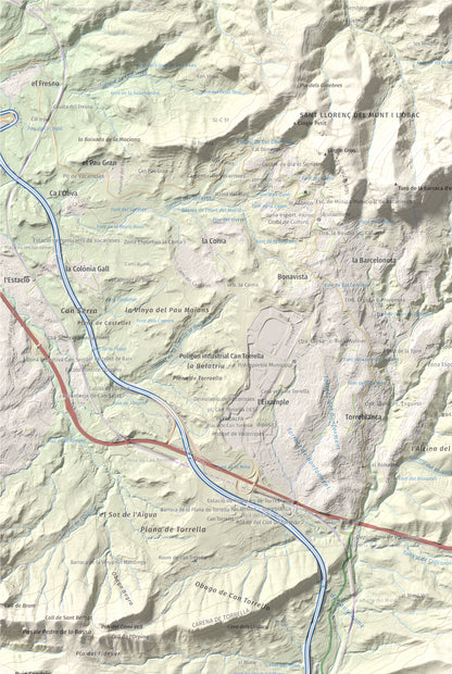 Mapa topográfico del relieve: Turó del Ros, 635 m. Detalle de la zona superior izquierda. 61 × 91 cm.