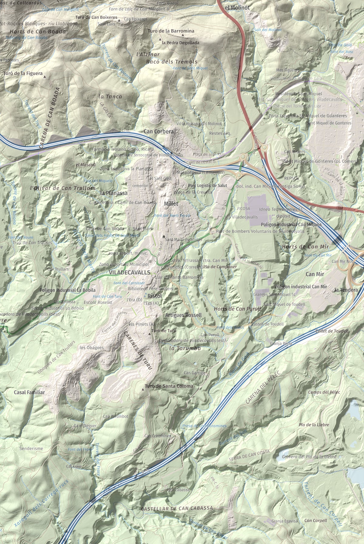 Mapa topográfico del relieve: Turó del Ros, 635 m. Detalle de la zona inferior derecha. 61 × 91 cm.