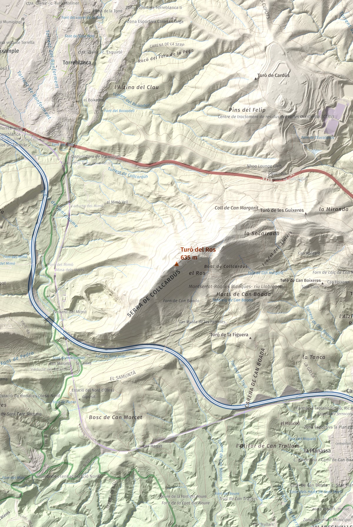 Mapa topográfico del relieve: Turó del Ros, 635 m. Detalle de la zona central. 61 × 91 cm.