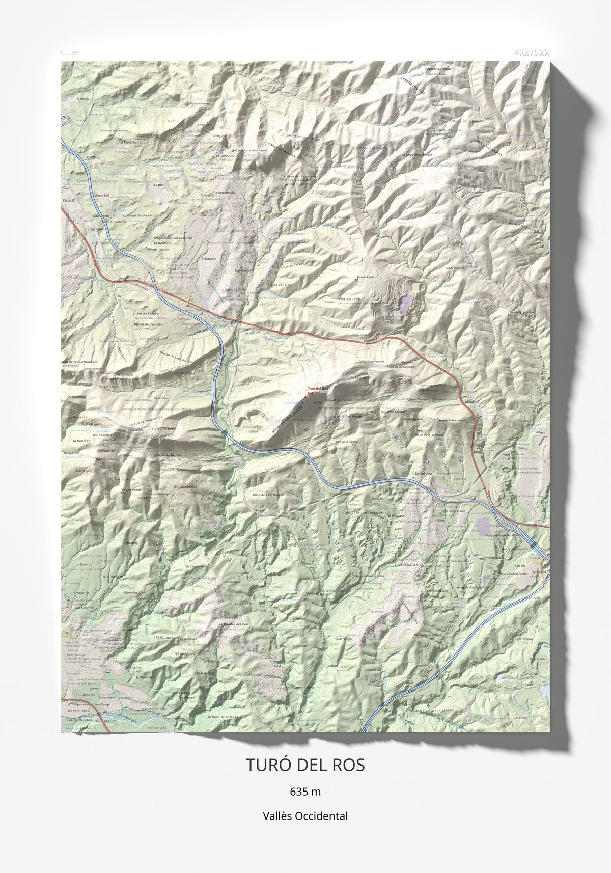 Mapa topográfico del relieve: Turó del Ros, 635 m. Lámina completa. 70 × 100 cm.