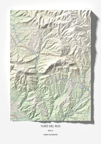 Mapa topográfico del relieve: Turó del Ros, 635 m. Lámina completa. 70 × 100 cm.