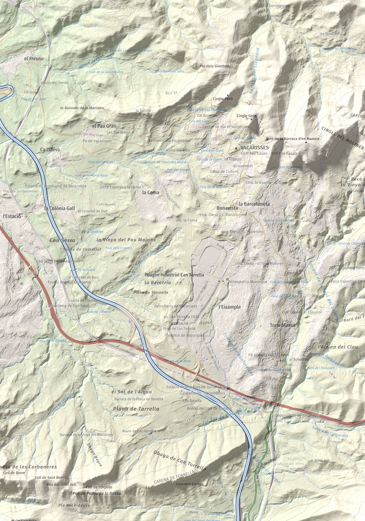 Mapa topográfico del relieve: Turó del Ros, 635 m. Detalle de la zona superior izquierda. 70 × 100 cm.