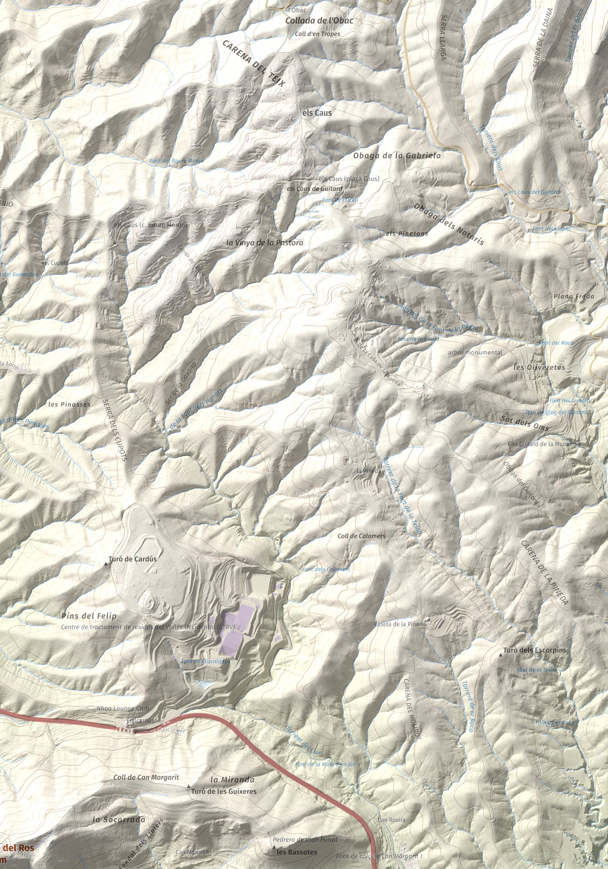 Mapa topográfico del relieve: Turó del Ros, 635 m. Detalle de la zona superior derecha. 70 × 100 cm.