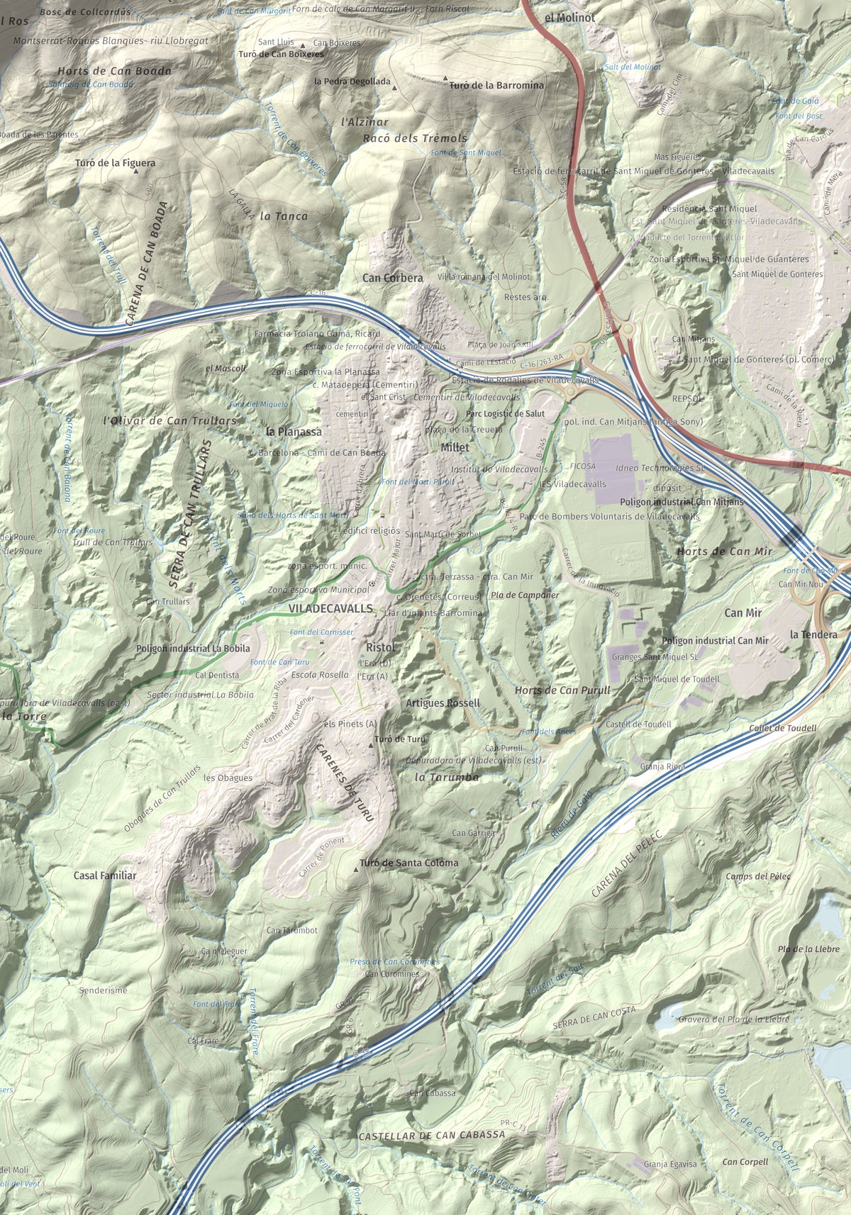 Mapa topográfico del relieve: Turó del Ros, 635 m. Detalle de la zona inferior derecha. 70 × 100 cm.