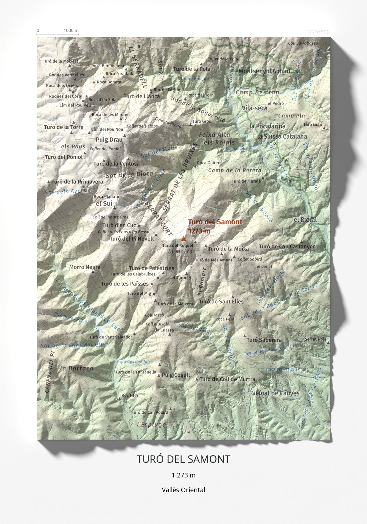 Mapa de relieve de Turó del Samont, 1273 m, Vallès Oriental, lámina 100 Cims de Trobart 21 × 30 cm.