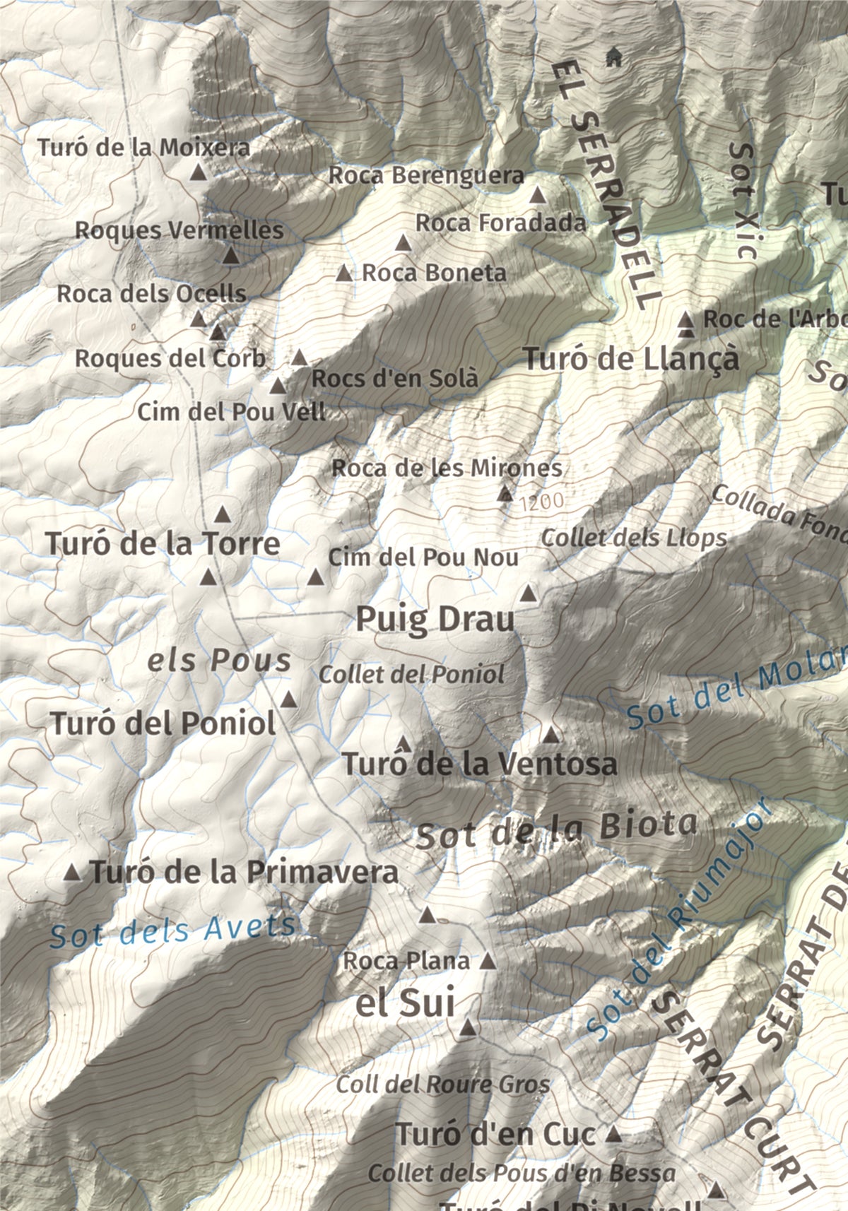 Mapa de relieve de Turó del Samont, 1273 m, Vallès Oriental, lámina 100 Cims de Trobart. Detalle de la zona superior izquierda. 21 × 30 cm.