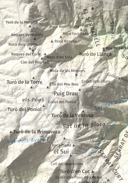 Mapa de relieve de Turó del Samont, 1273 m, Vallès Oriental, lámina 100 Cims de Trobart. Detalle de la zona superior izquierda. 21 × 30 cm.