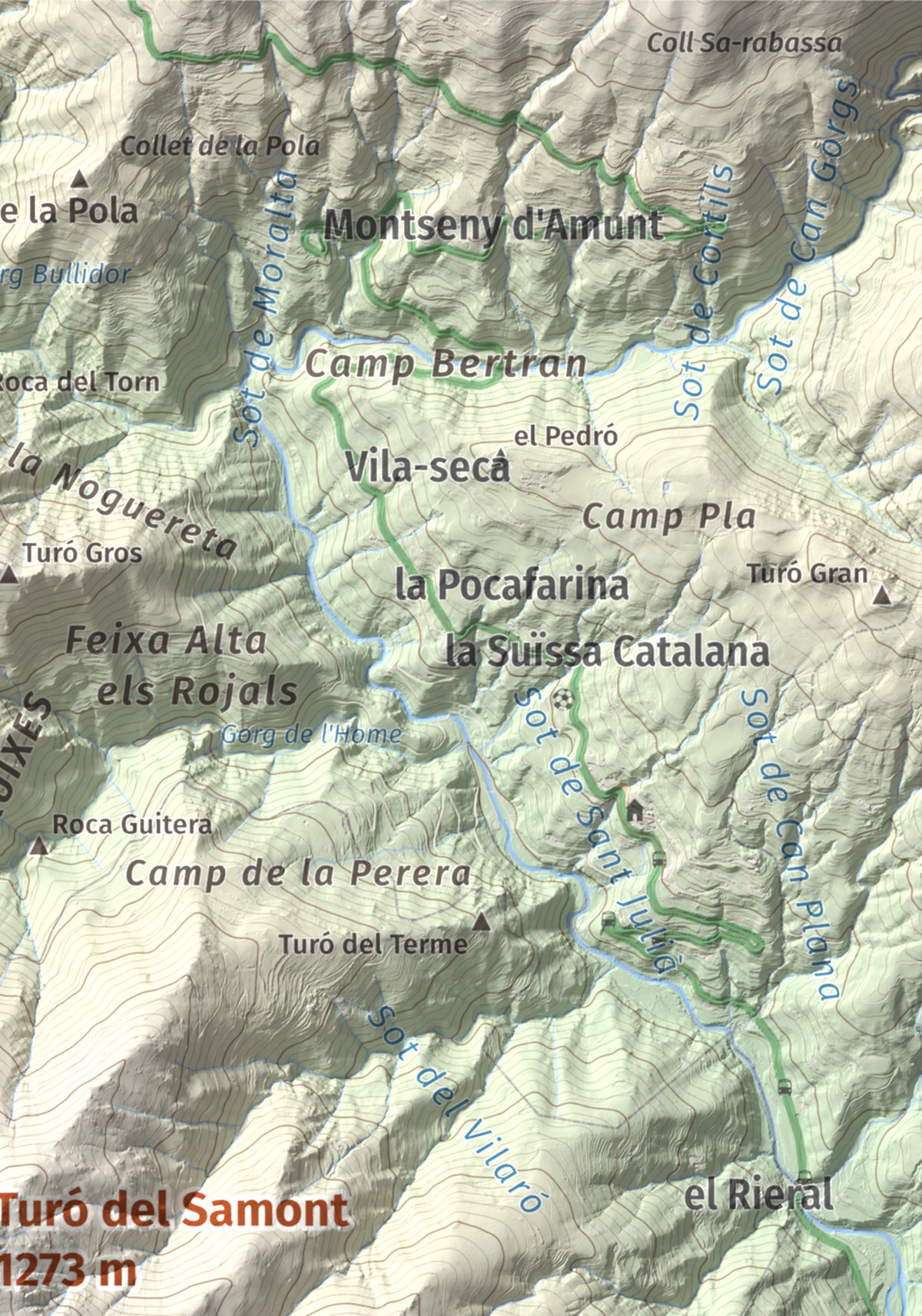 Mapa de relieve de Turó del Samont, 1273 m, Vallès Oriental, lámina 100 Cims de Trobart. Detalle de la zona superior derecha. 21 × 30 cm.