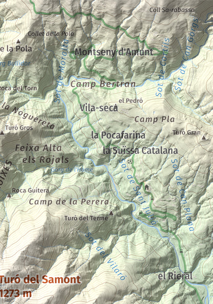 Mapa de relieve de Turó del Samont, 1273 m, Vallès Oriental, lámina 100 Cims de Trobart. Detalle de la zona superior derecha. 21 × 30 cm.