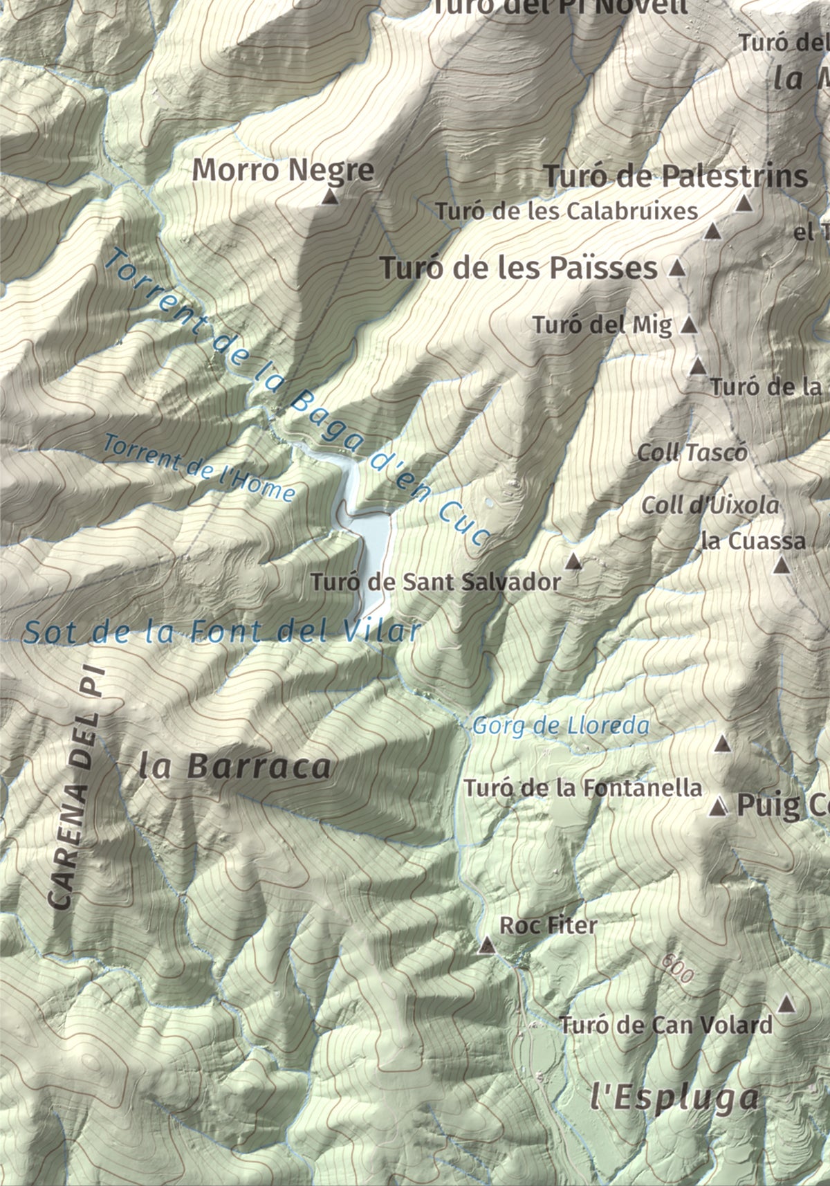 Mapa de relieve de Turó del Samont, 1273 m, Vallès Oriental, lámina 100 Cims de Trobart. Detalle de la zona inferior izquierda. 21 × 30 cm.