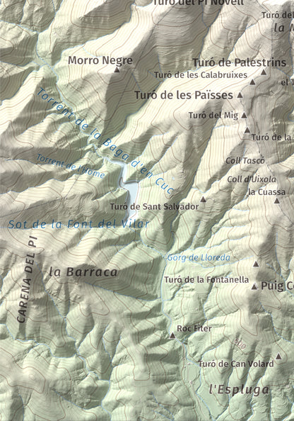 Mapa de relieve de Turó del Samont, 1273 m, Vallès Oriental, lámina 100 Cims de Trobart. Detalle de la zona inferior izquierda. 21 × 30 cm.