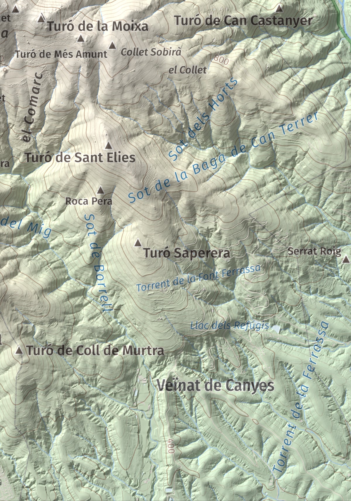 Mapa de relieve de Turó del Samont, 1273 m, Vallès Oriental, lámina 100 Cims de Trobart. Detalle de la zona inferior derecha. 21 × 30 cm.