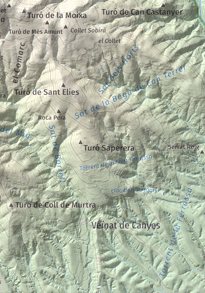 Mapa de relieve de Turó del Samont, 1273 m, Vallès Oriental, lámina 100 Cims de Trobart. Detalle de la zona inferior derecha. 21 × 30 cm.