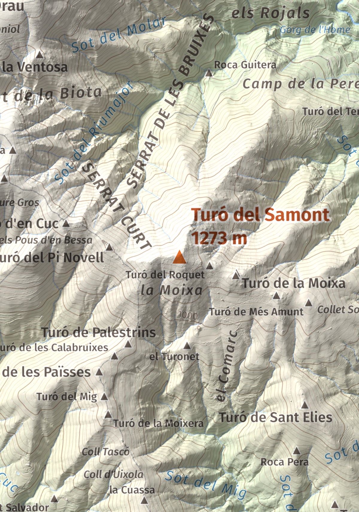 Mapa de relieve de Turó del Samont, 1273 m, Vallès Oriental, lámina 100 Cims de Trobart. Detalle de la zona central. 21 × 30 cm.