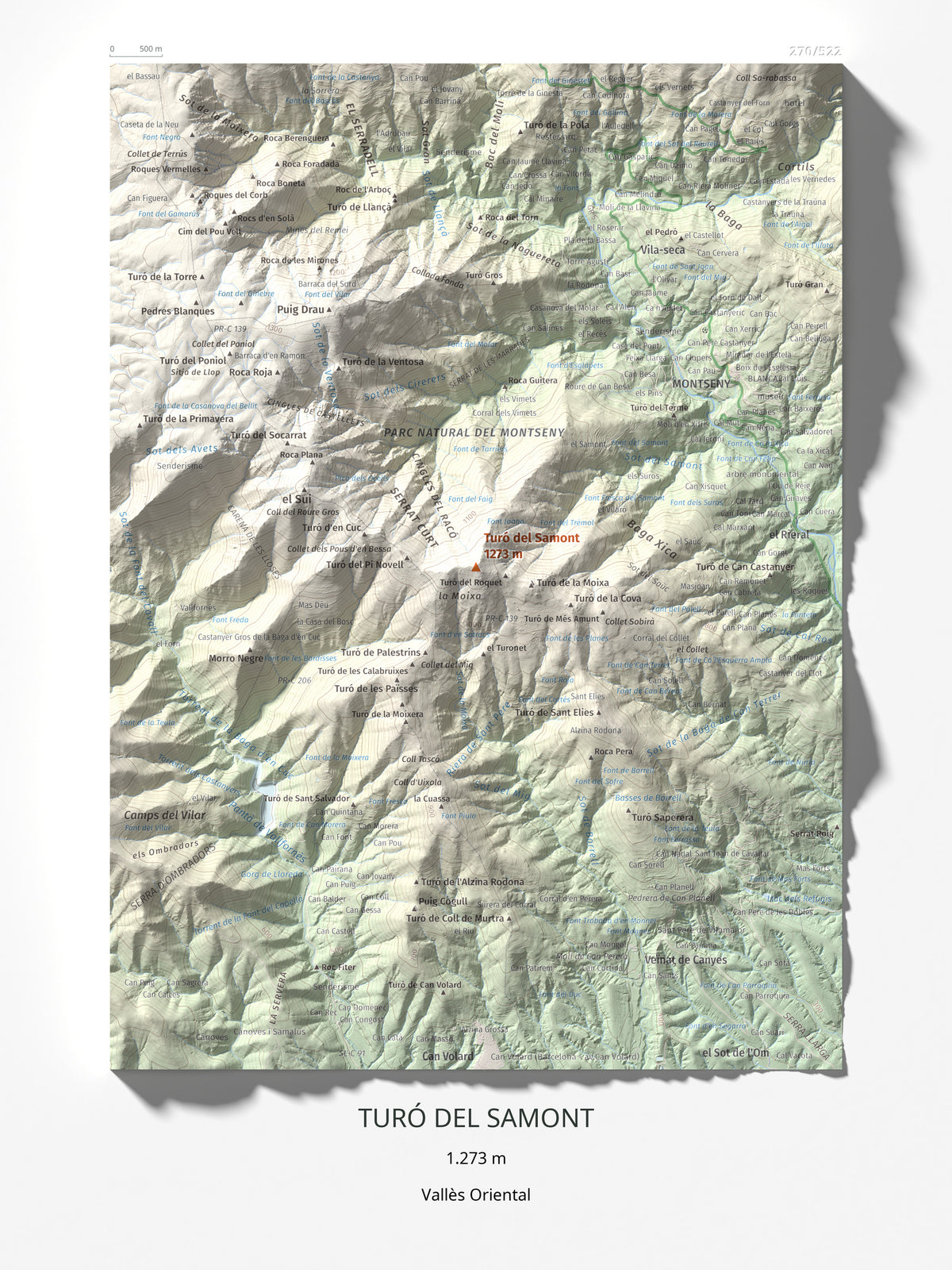 Mapa de relieve de Turó del Samont, 1273 m, Vallès Oriental, lámina 100 Cims de Trobart 30 × 40 cm.