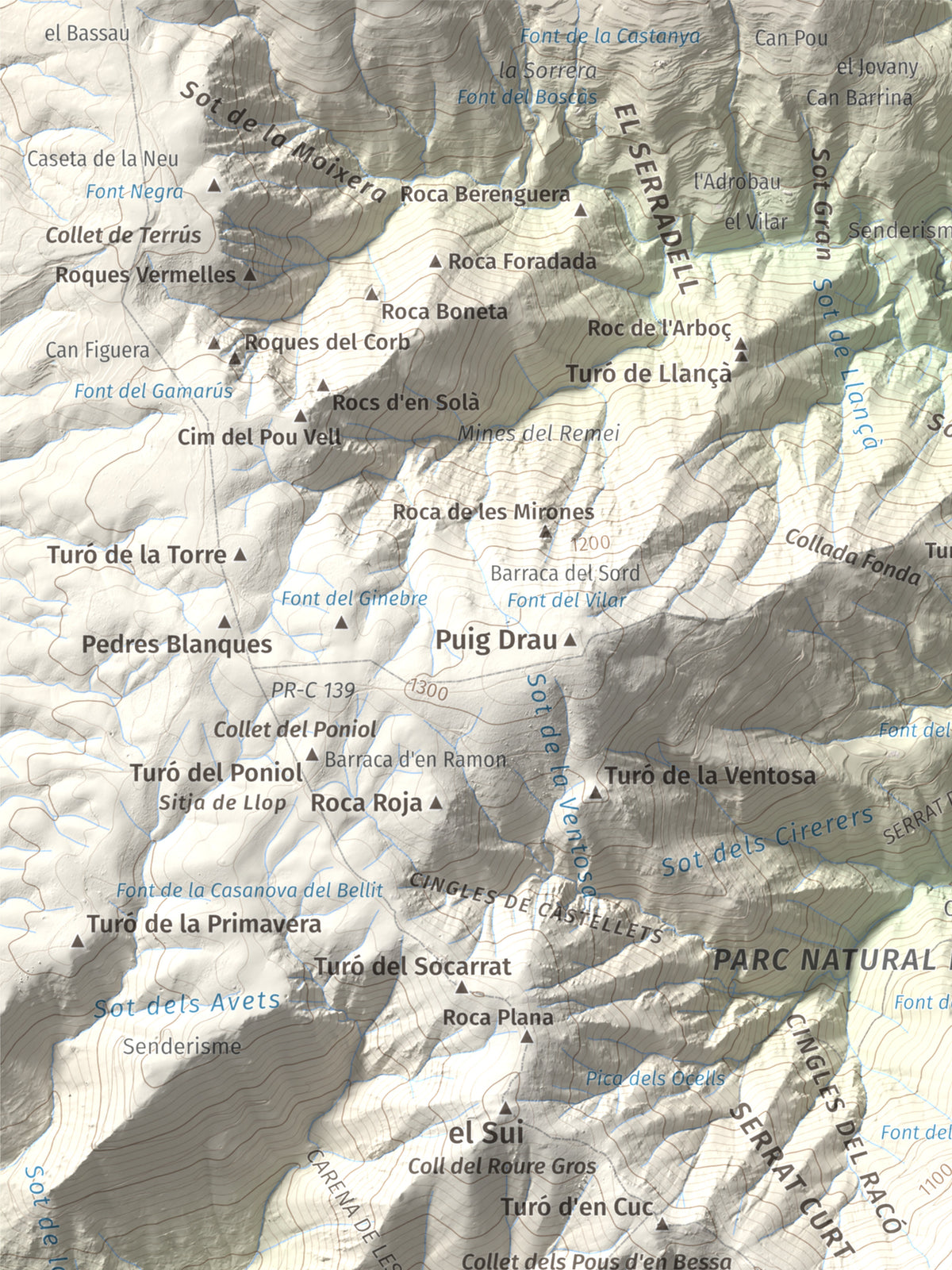 Mapa de relieve de Turó del Samont, 1273 m, Vallès Oriental, lámina 100 Cims de Trobart. Detalle de la zona superior izquierda. 30 × 40 cm.