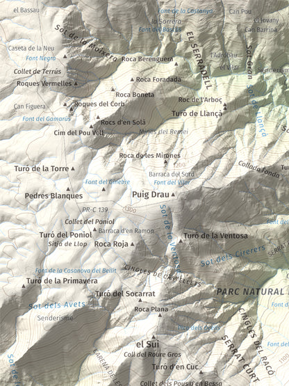 Mapa de relieve de Turó del Samont, 1273 m, Vallès Oriental, lámina 100 Cims de Trobart. Detalle de la zona superior izquierda. 30 × 40 cm.