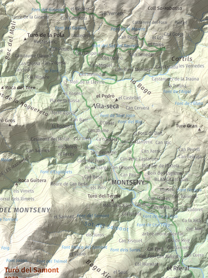 Mapa de relieve de Turó del Samont, 1273 m, Vallès Oriental, lámina 100 Cims de Trobart. Detalle de la zona superior derecha. 30 × 40 cm.
