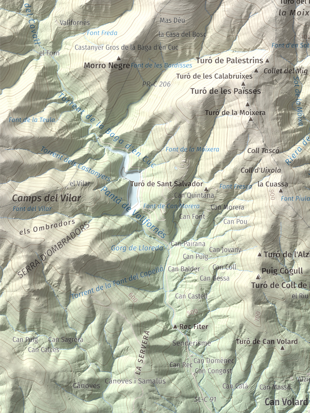 Mapa de relieve de Turó del Samont, 1273 m, Vallès Oriental, lámina 100 Cims de Trobart. Detalle de la zona inferior izquierda. 30 × 40 cm.